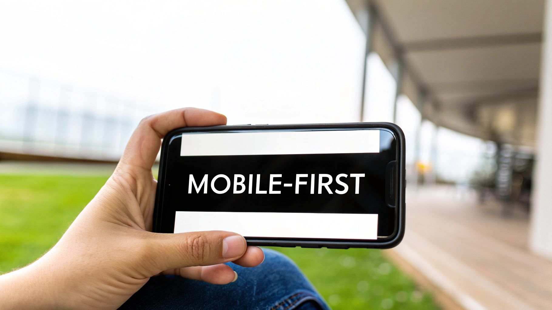 A hand holds a smartphone displaying the text 'MOBILE-FIRST' on its screen, in an outdoor setting.