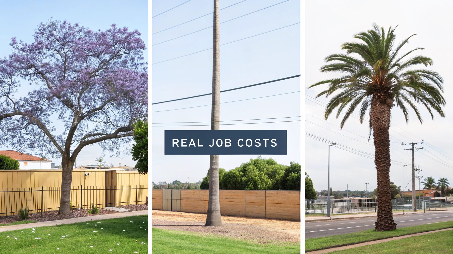 A triptych showing a purple flowering tree, tall palm, and date palm with 'REAL JOB COSTS' sign.