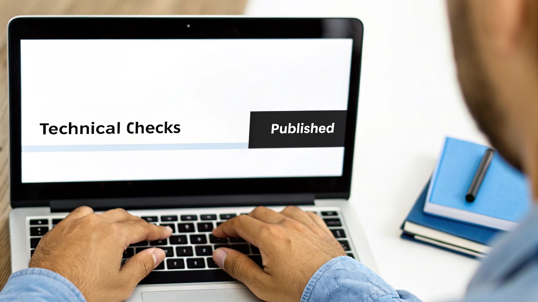 Hands typing on a laptop showing "Technical Checks" and "Published" on screen, with blue notebooks.