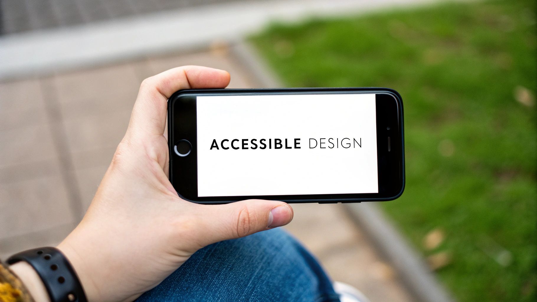 A person holds a black smartphone horizontally displaying 'ACCESSIBLE DESIGN' on its white screen.