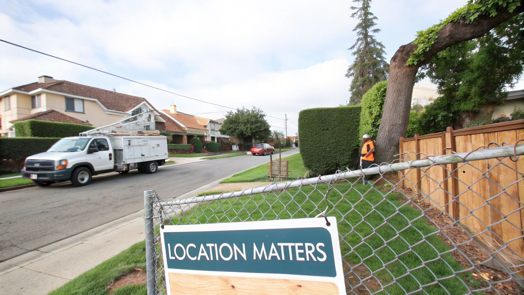 Worker in a safety vest stands by a tall hedge near a fenced yard. A white utility truck and red car are on the suburban street. Sign reads "Location Matters."