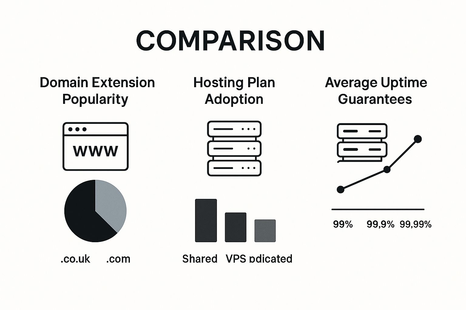 Comparison chart; shows domain extension popularity, hosting plan adoption, and average uptime guarantees with icons and graphs.