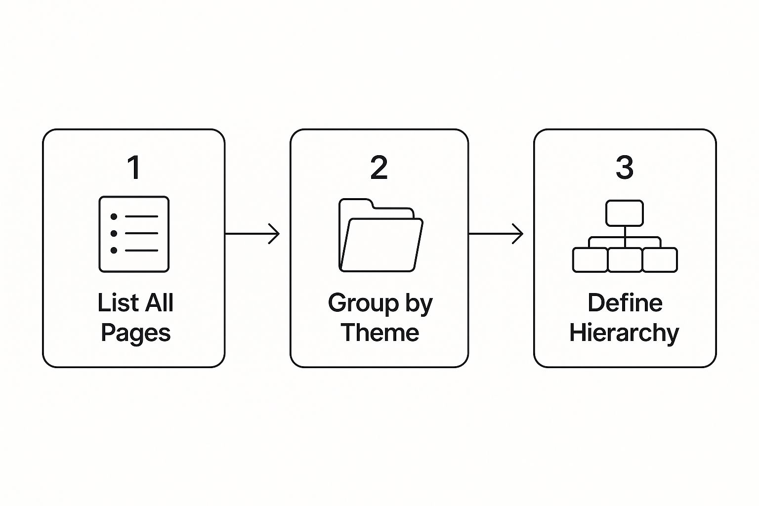 Flowchart diagram with three steps: 1. List All Pages, 2. Group by Theme, 3. Define Hierarchy. Arrows connect the steps. Black text on white.