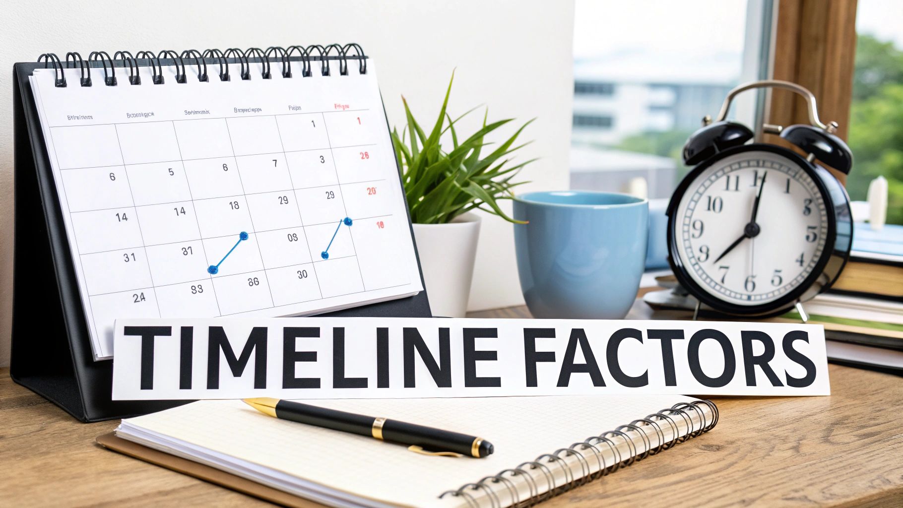Desk calendar with a blue line graph, a 'TIMELINE FACTORS' sign, and an alarm clock on a wooden table.