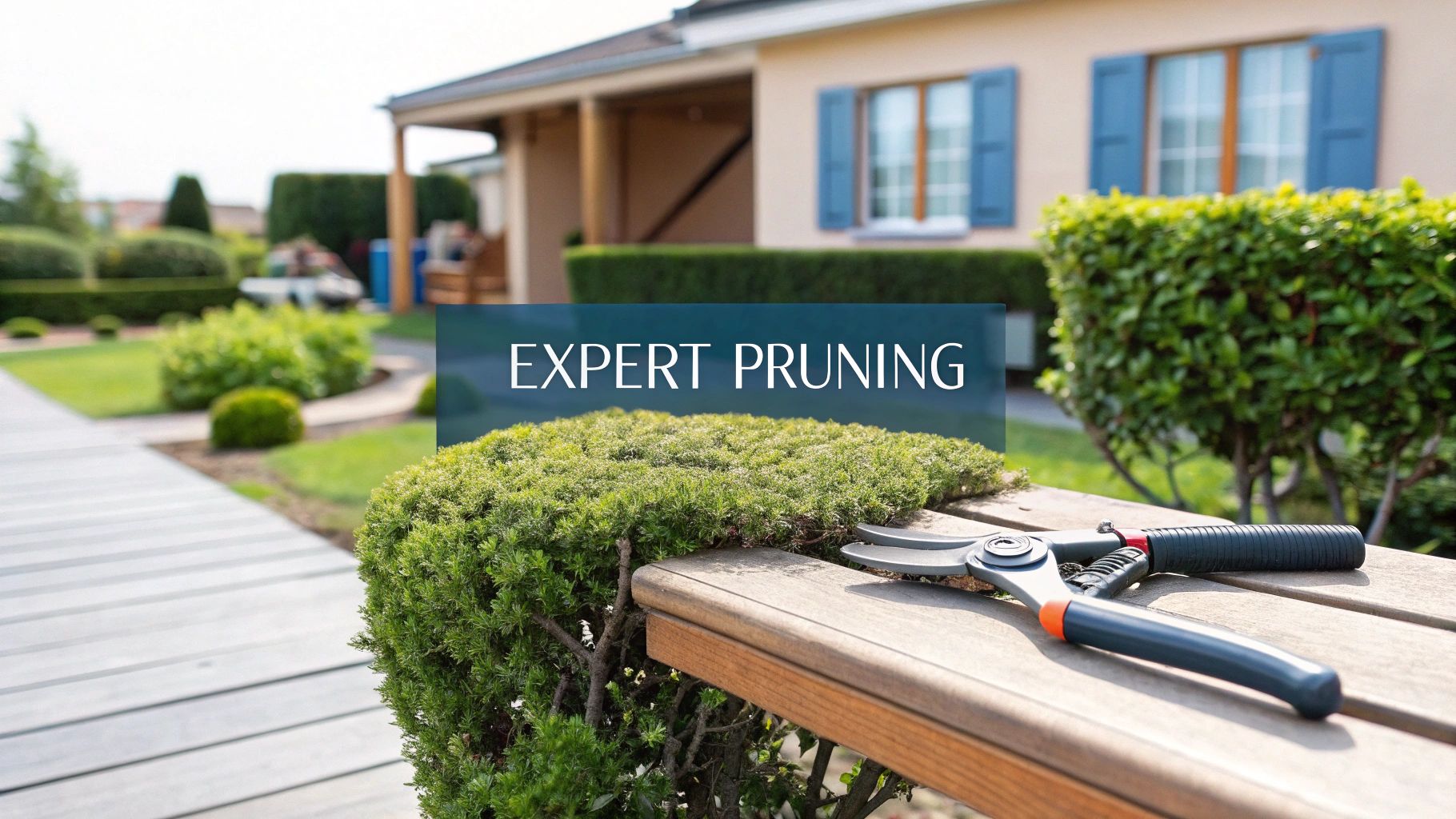 Pruning shears on a garden bench beside neatly trimmed shrubs outside a residential property.