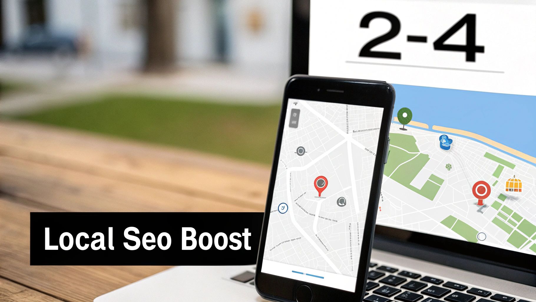 Phone and laptop displaying local maps with pins, illustrating a 'Local SEO Boost' concept.