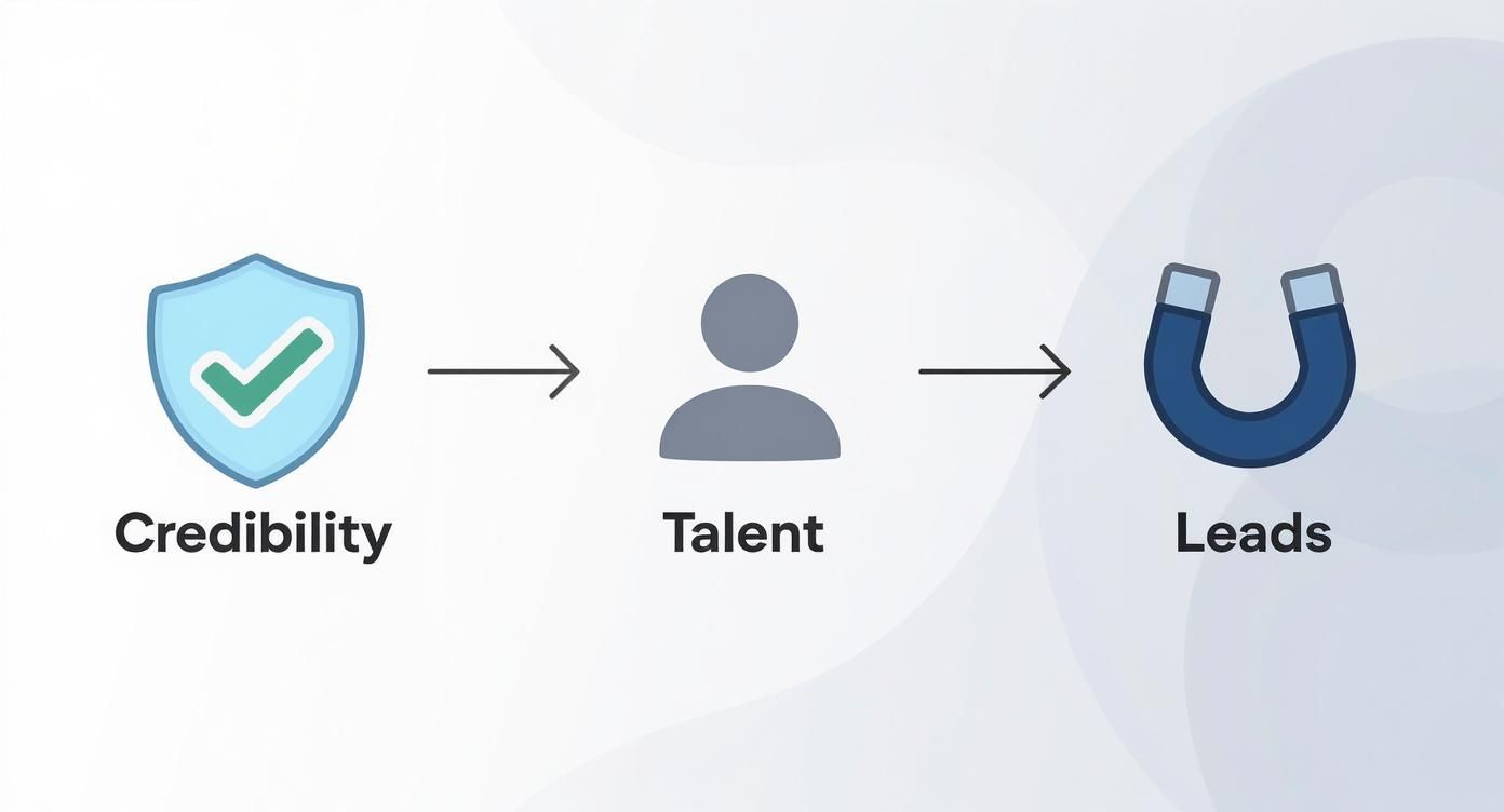 Business process flow diagram showing credibility leading to talent acquisition and generating leads