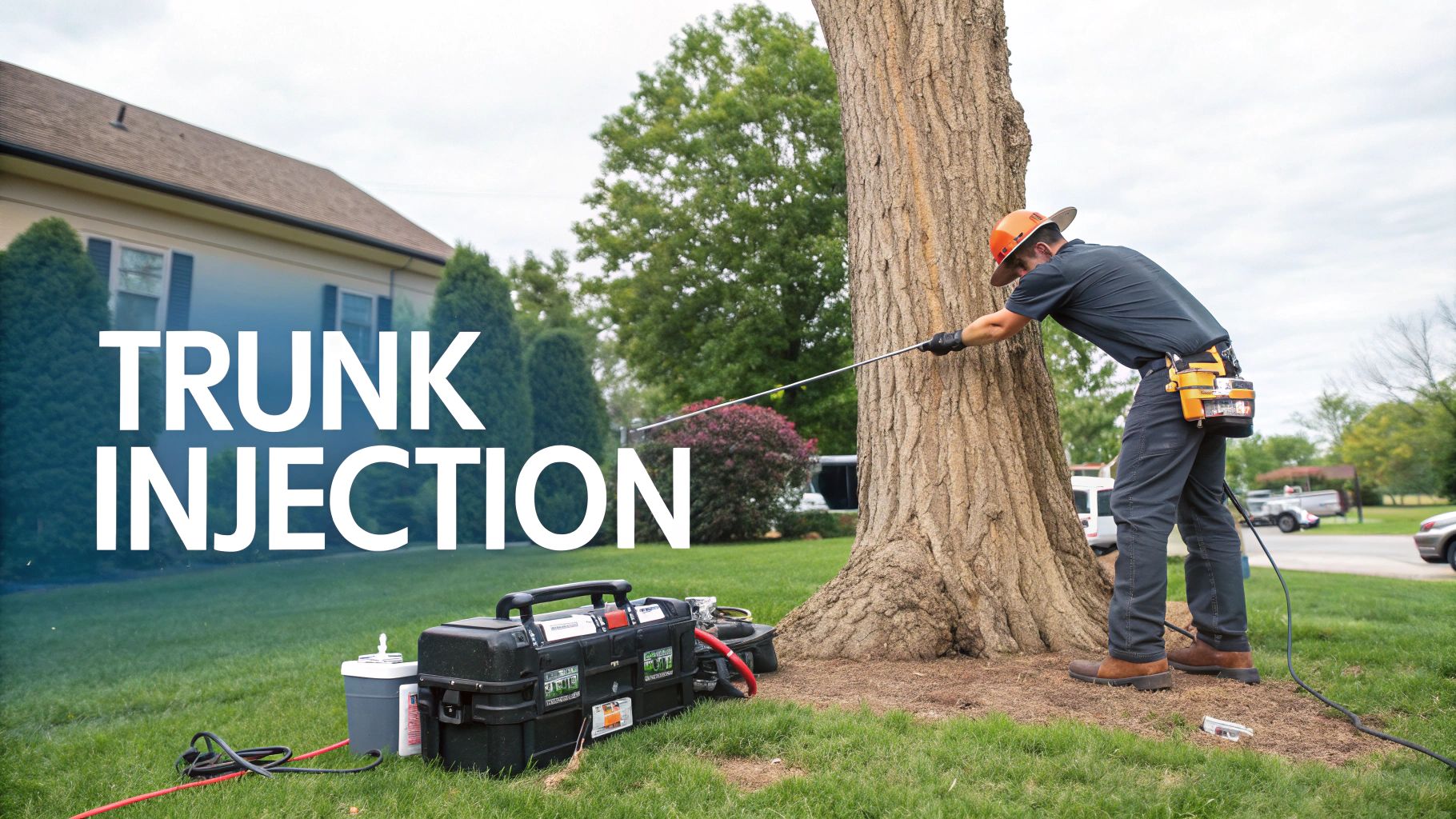 Professional arborist performing trunk injection treatment on large tree in residential yard with safety equipment