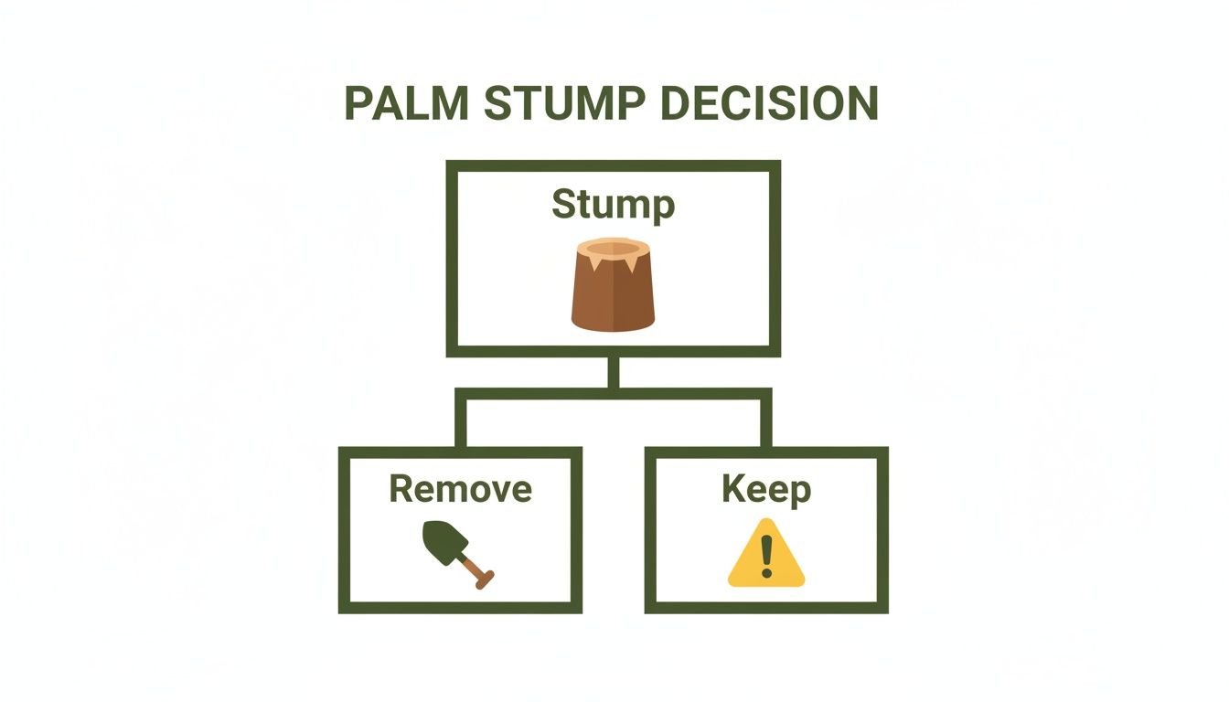 Flowchart diagram illustrating the decision-making process for a palm tree stump, offering options to remove or keep it.