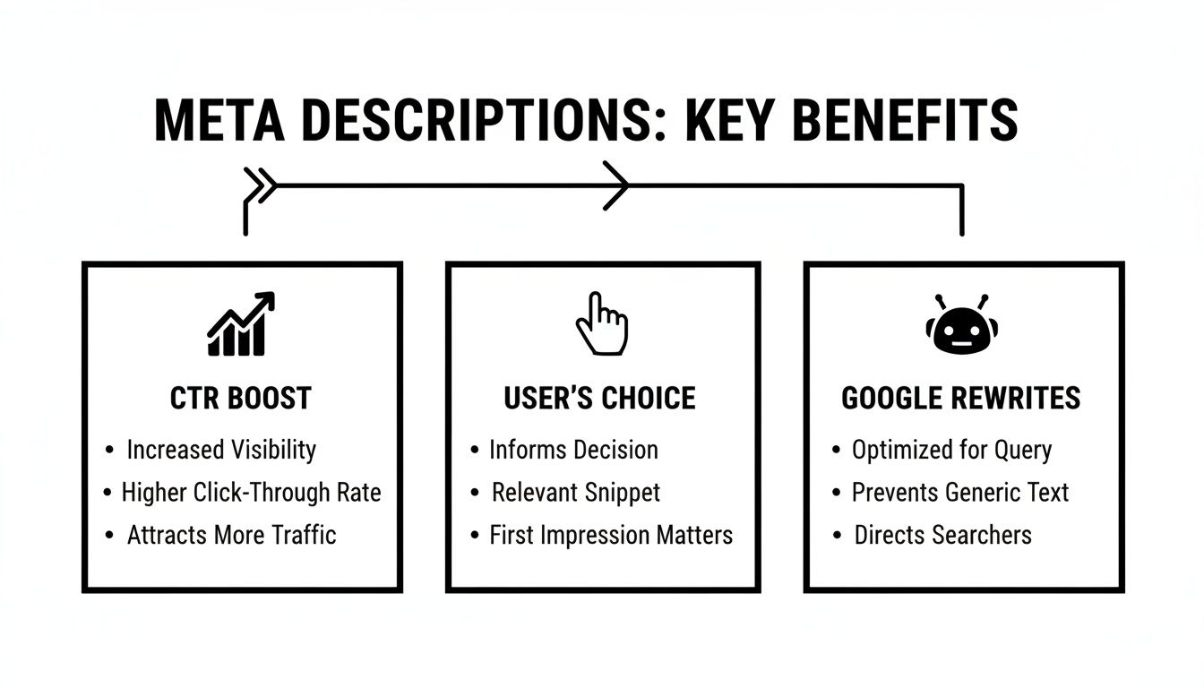 An infographic detailing the key benefits of meta descriptions for SEO, including CTR, user choice, and Google rewrites.