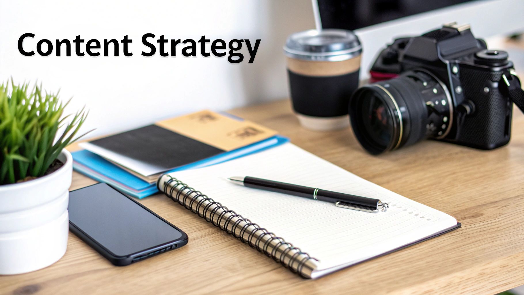A desk with 'Content Strategy' text, a notebook, pen, smartphone, plant, coffee, and camera for creative work.