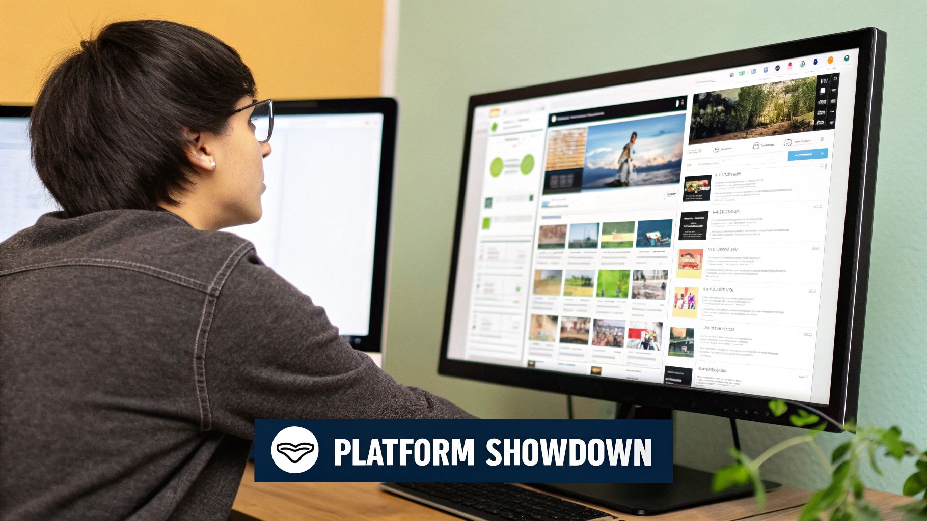 A person in glasses views a computer screen with a browsing platform. Text reads "Platform Showdown." Background features two-tone walls.