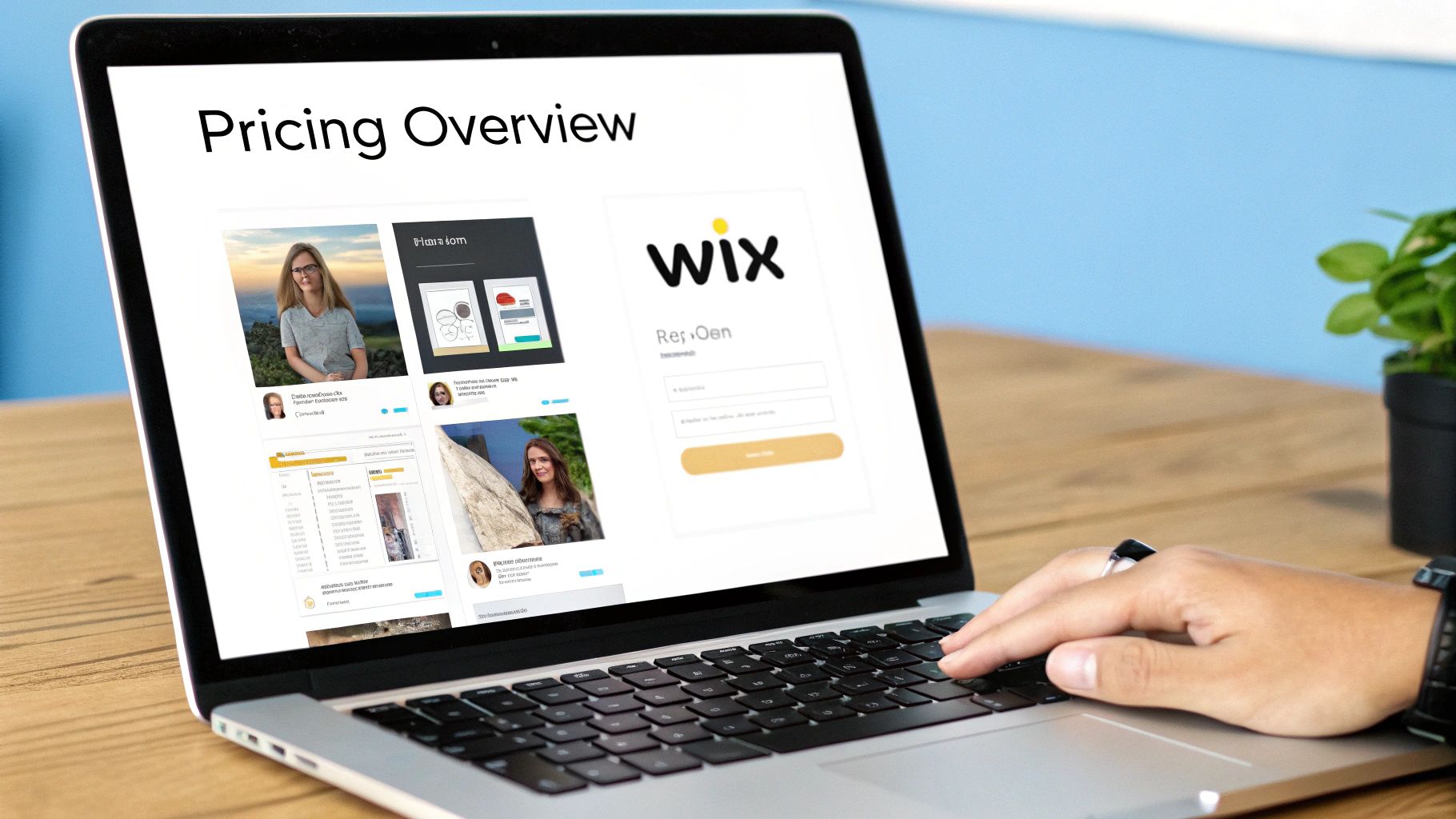 Laptop on wooden desk showing Wix pricing overview. Hand on keyboard, small green plant nearby. Text: "Pricing Overview" and "Wix".