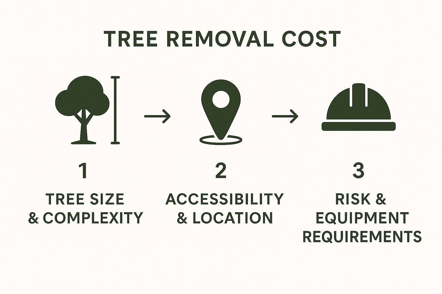 Tree removal cost factors: 1. Tree size & complexity, 2. Accessibility & location, 3. Risk & equipment. Icons include tree, pin, helmet.