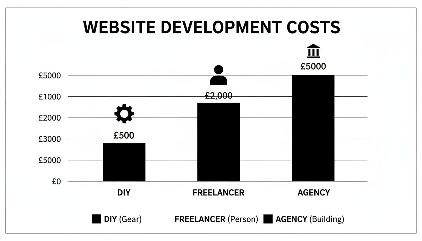 Bar chart illustrating website development costs for DIY, freelancer, and agency options, ranging from £500 to £5000.