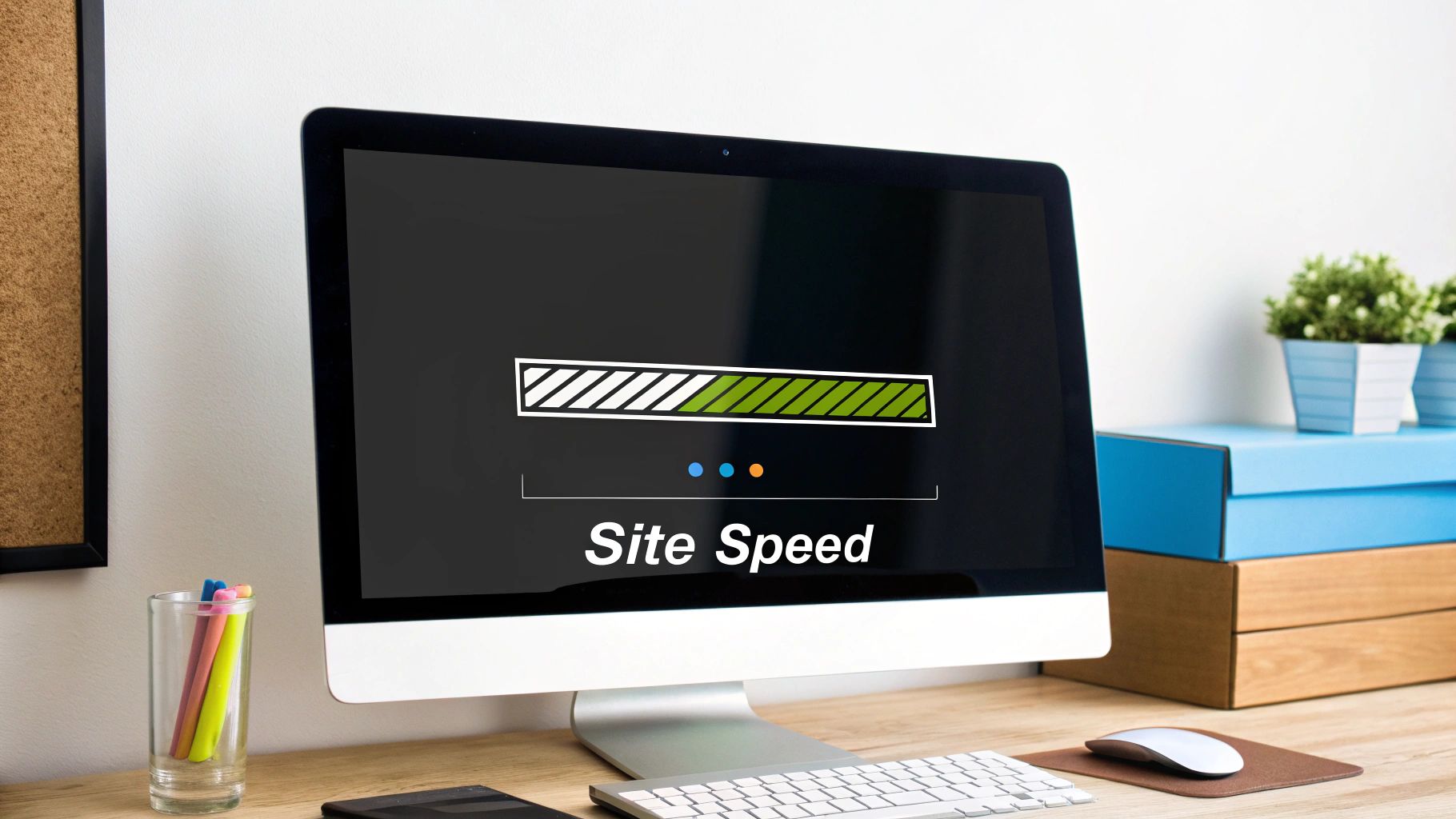 Computer screen displays "Site Speed" with a loading bar. Desk with colorful pens, mouse, and plant in background. Modern office setting.