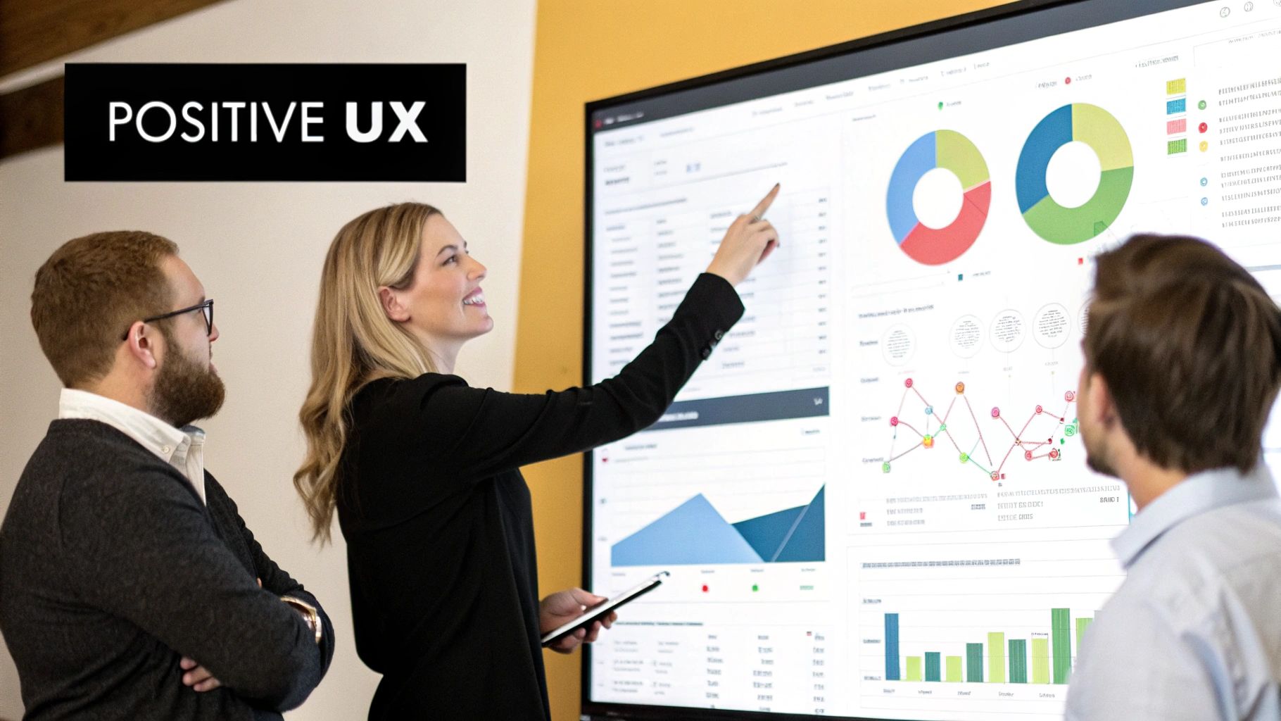 Three people stand in front of a screen with charts. A woman points to data, engaging the group. "POSITIVE UX" text is visible.