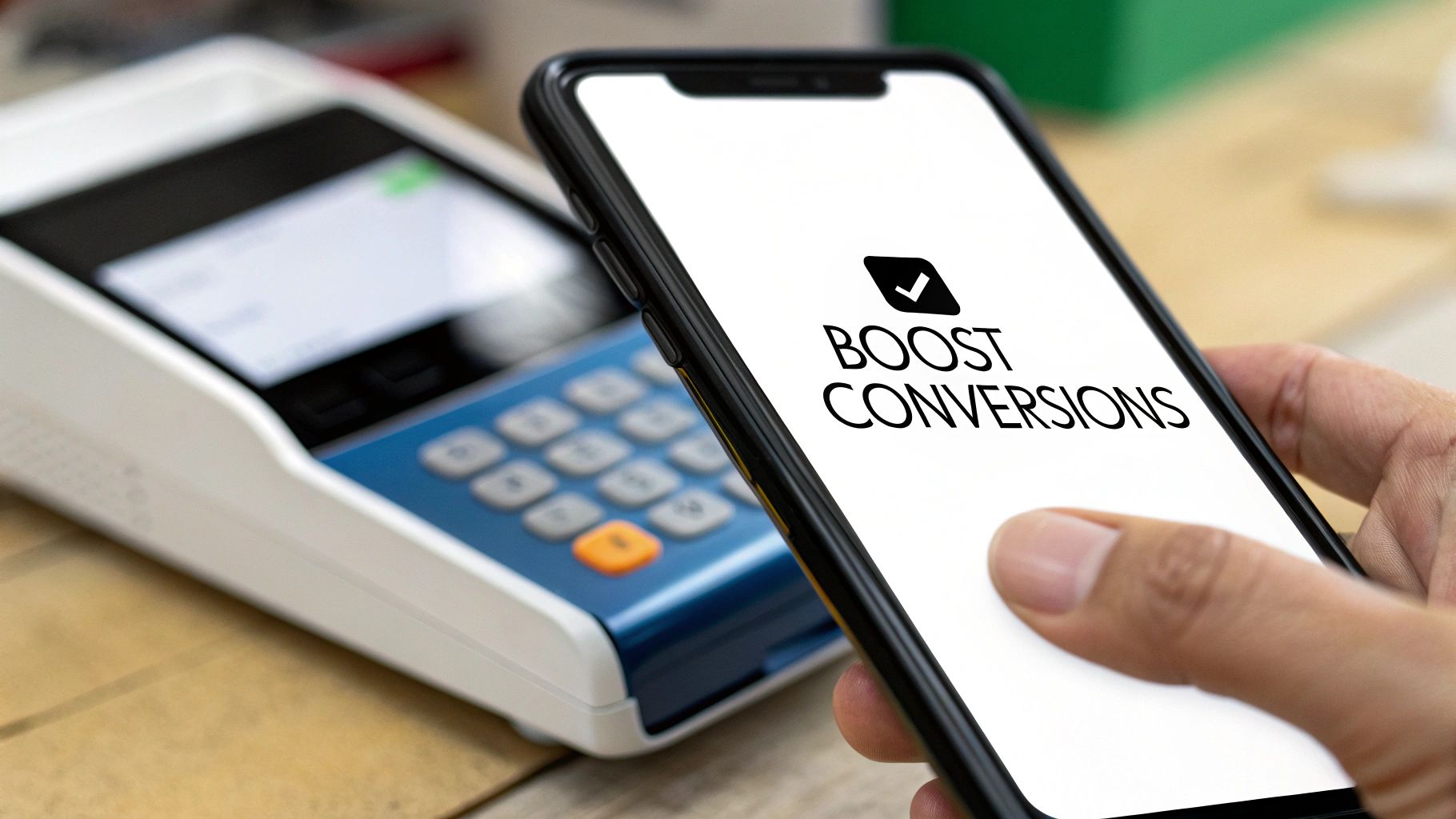 A hand holds a smartphone displaying "BOOST CONVERSIONS" next to a credit card payment terminal.