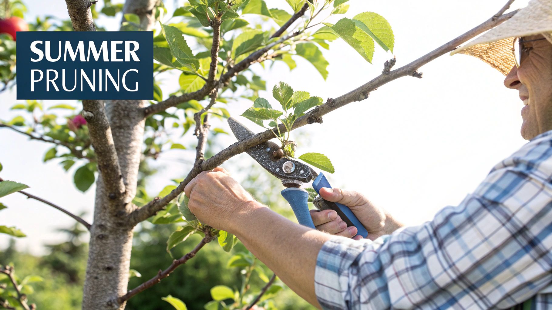 A gardener in a hat uses secateurs to prune an apple tree branch during summer.