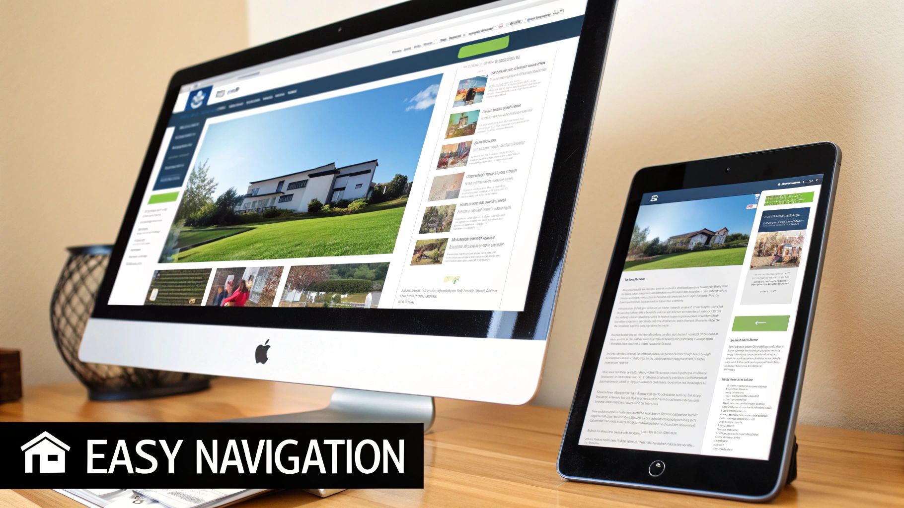 Computer and tablet displaying a real estate website with a house image. Desk setting, text reads "EASY NAVIGATION." Calm, modern vibe.