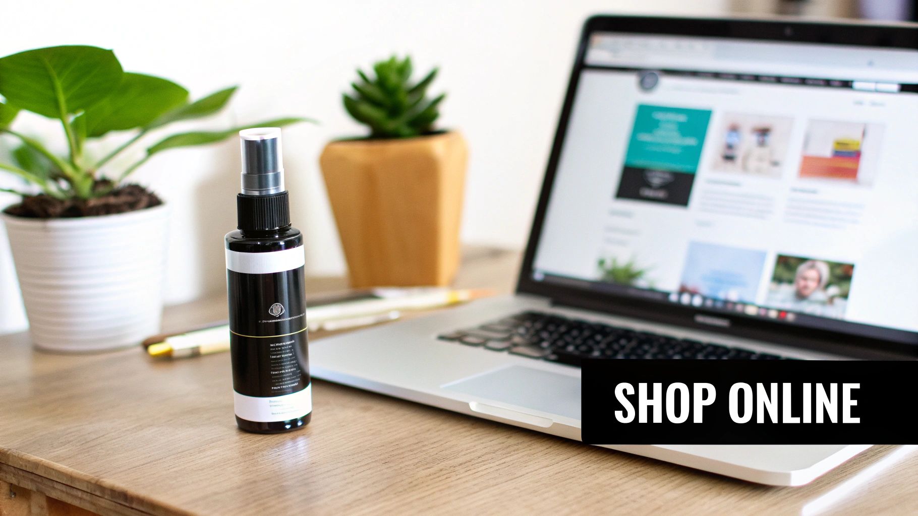 A black spray bottle sits on a wooden desk next to a laptop displaying a website, with a 'Shop Online' banner.