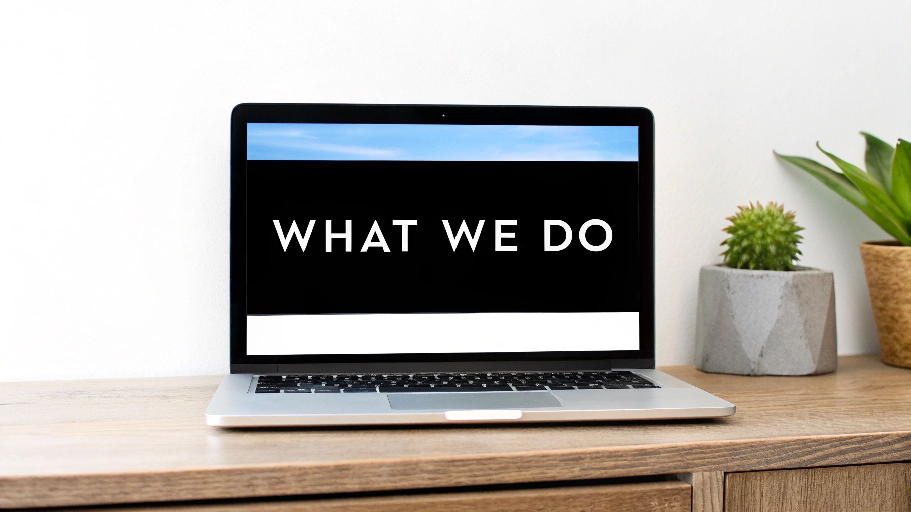 A silver laptop displays 'WHAT WE DO' on its screen, placed on a wooden desk with two potted plants.