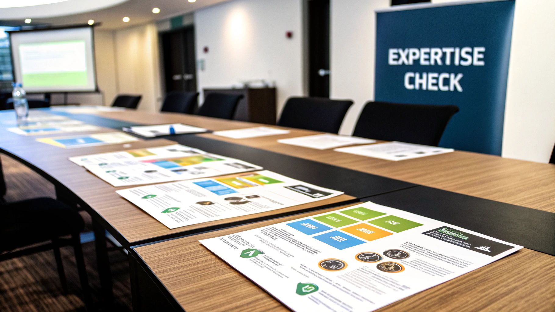 Conference room with wooden tables, documents, and a projection screen. A banner reads "Expertise Check." Modern and professional setting.