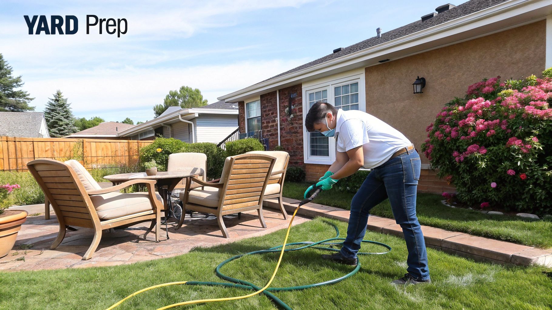 Person in gloves and mask waters grass in a backyard with patio furniture and flowers. Text reads "YARD Prep." Bright, sunny day.