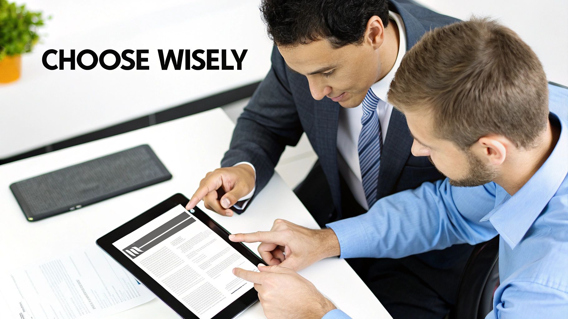 Two businessmen discuss content on a tablet during a meeting, with 'CHOOSE WISELY' overlaid.