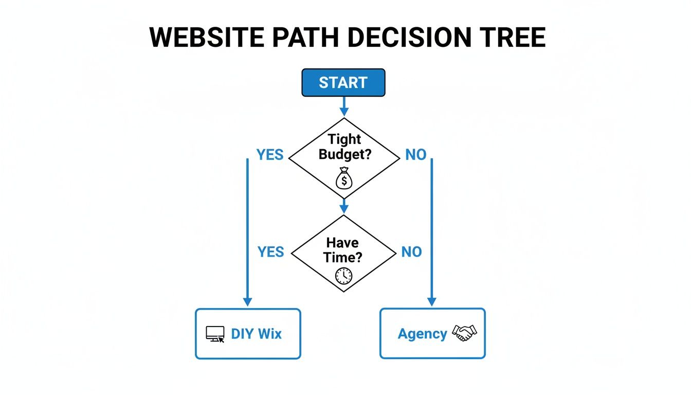 Decision tree for website creation: budget and time lead to DIY Wix or hiring an agency.