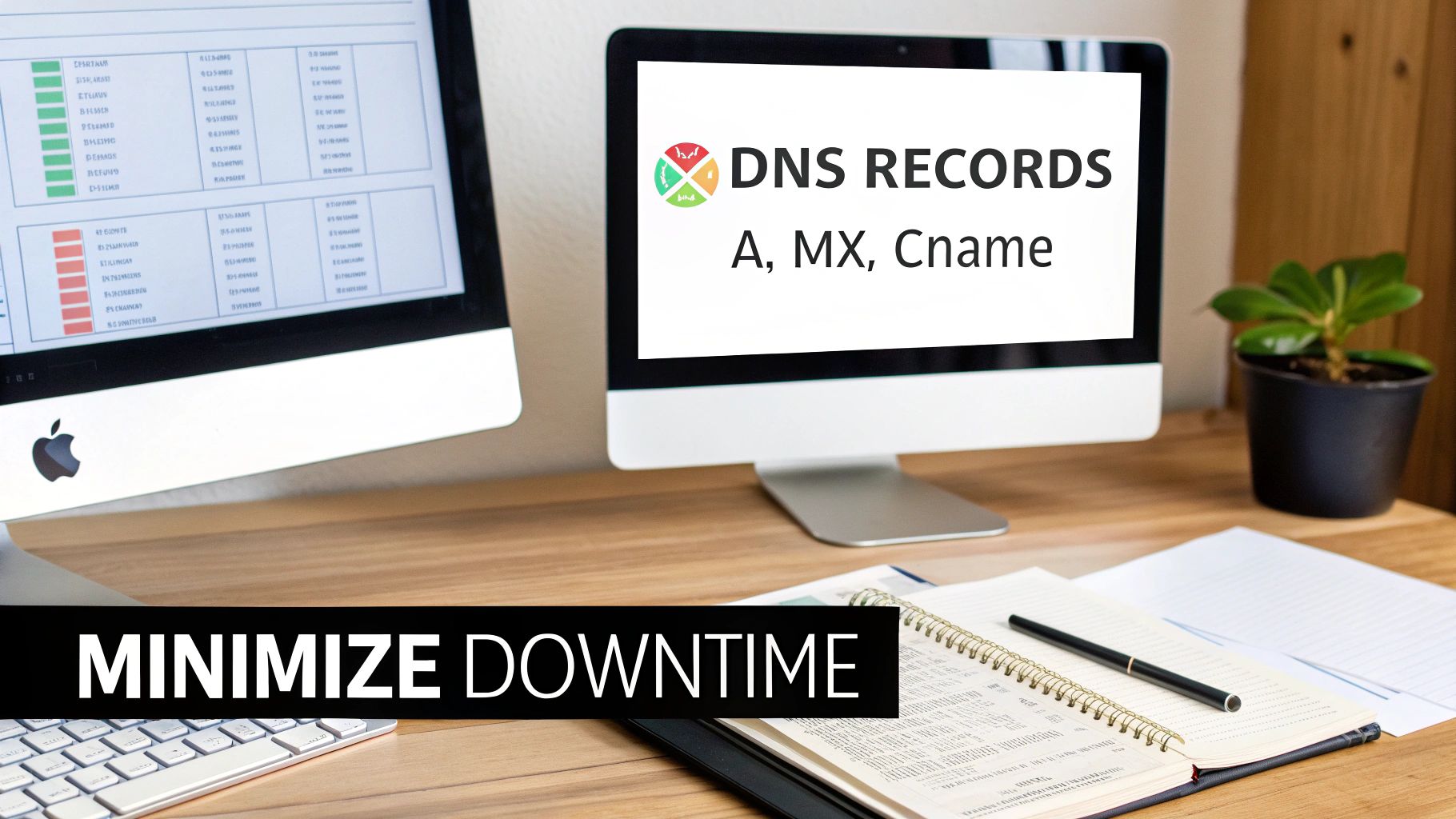 Desk with two iMacs, one displaying DNS Records, the other data, with 'Minimize Downtime' text overlay.