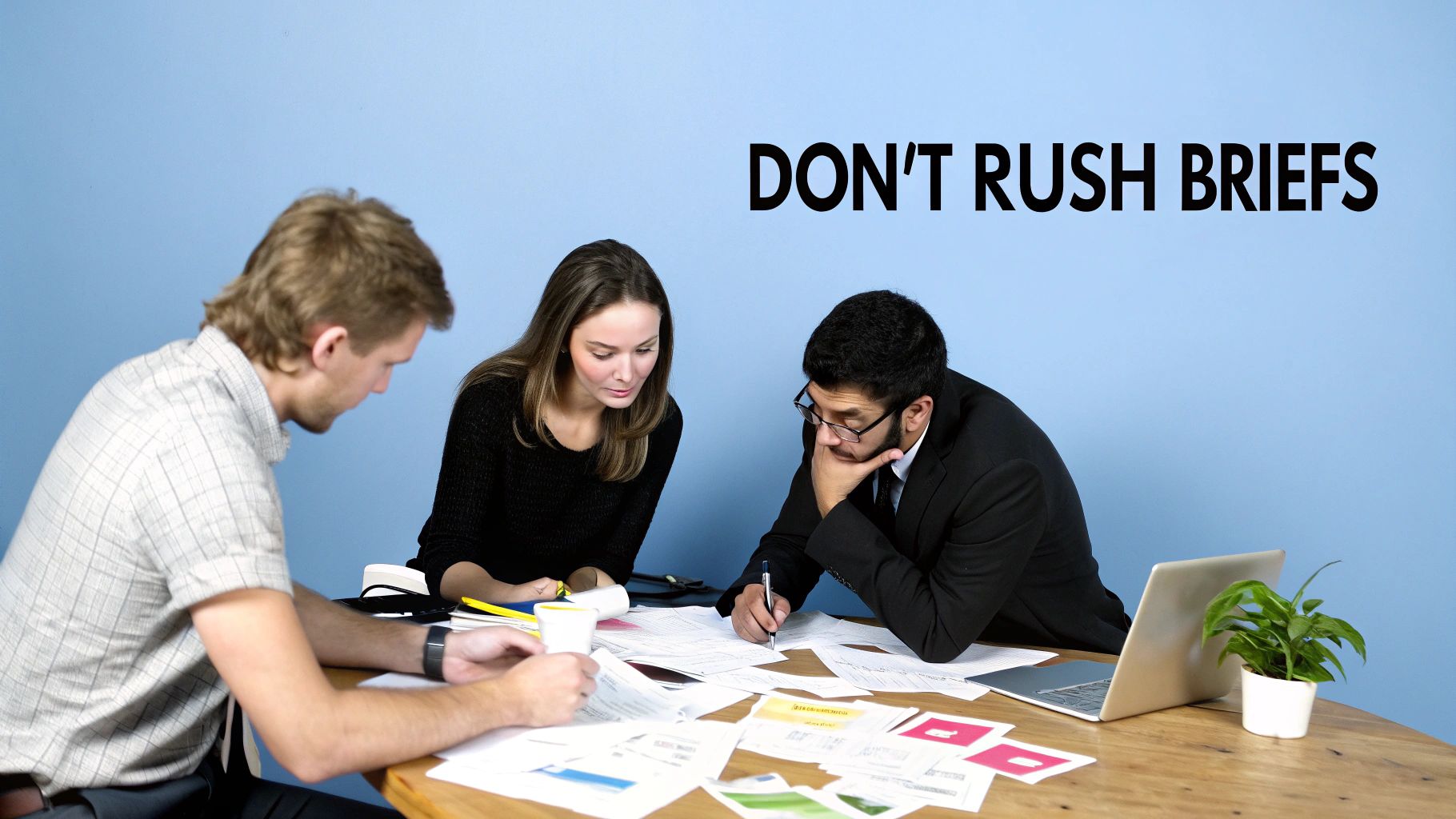 A group of marketing professionals collaborating around a table, illustrating the strategic process behind a creative brief.