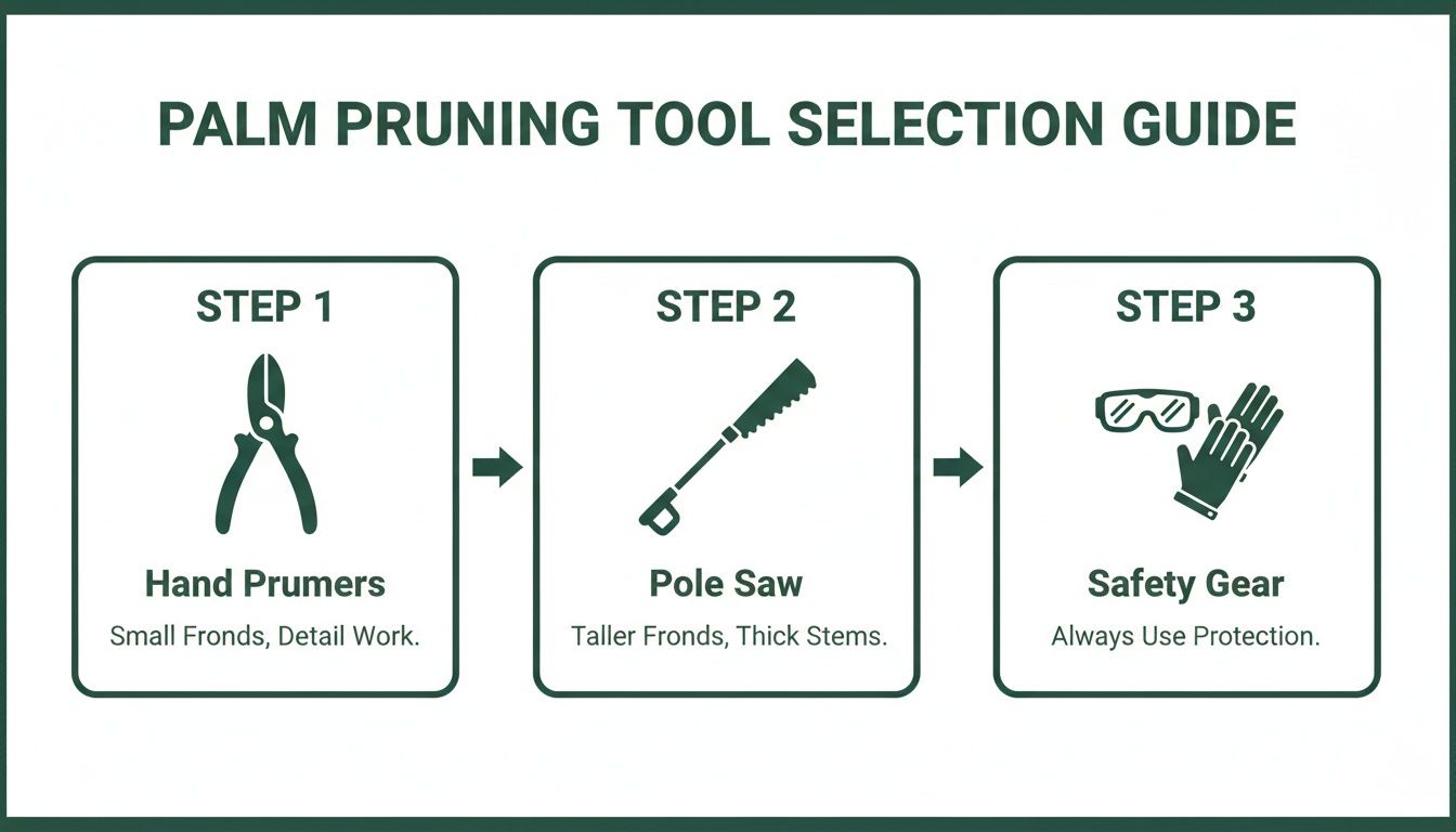 Palm pruning tool selection guide with hand pruners, pole saw, and safety gear for different tasks.