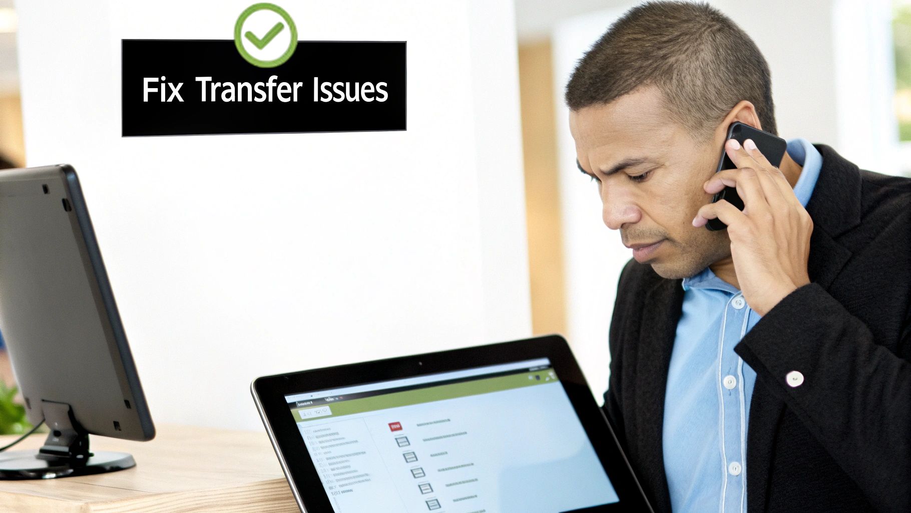 A man on the phone intently looking at a tablet, working on fixing transfer issues.