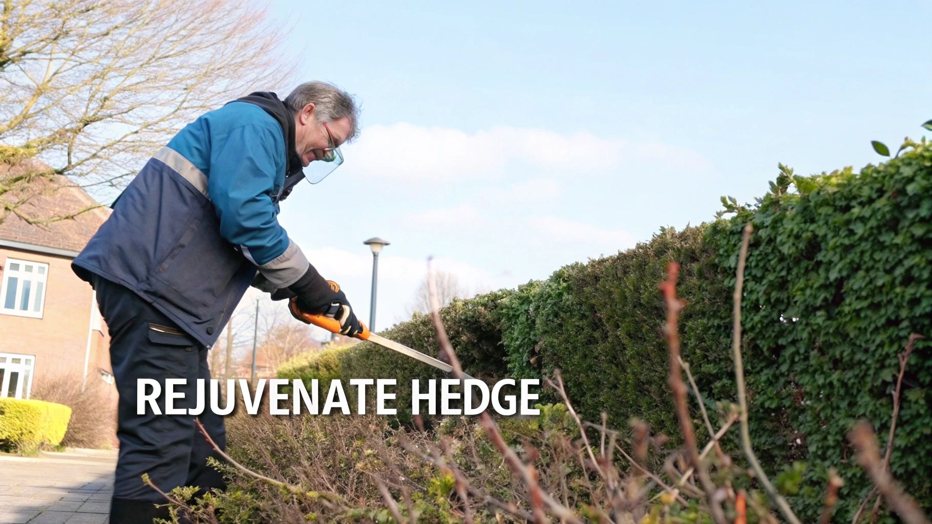 Man with safety glasses and gloves uses a long tool to rejuvenate a hedge outdoors.