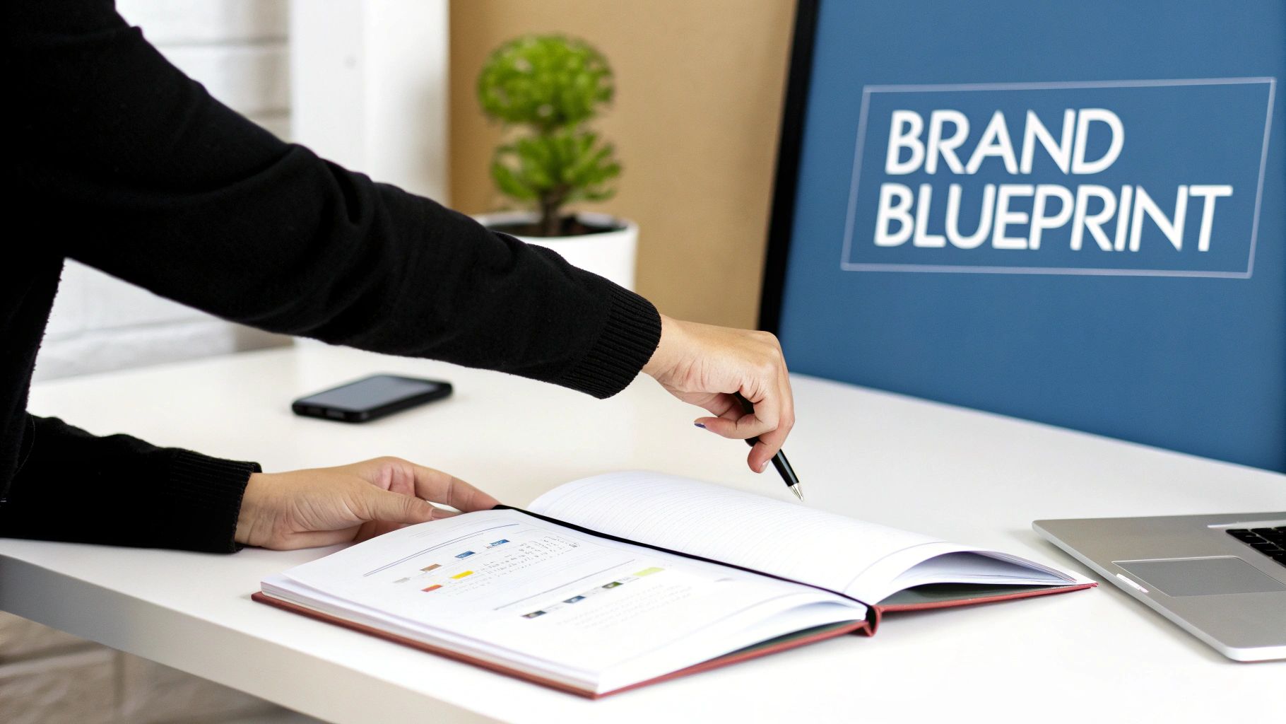 A desk with branding materials including a colour palette and logo designs, representing a style guide in development.