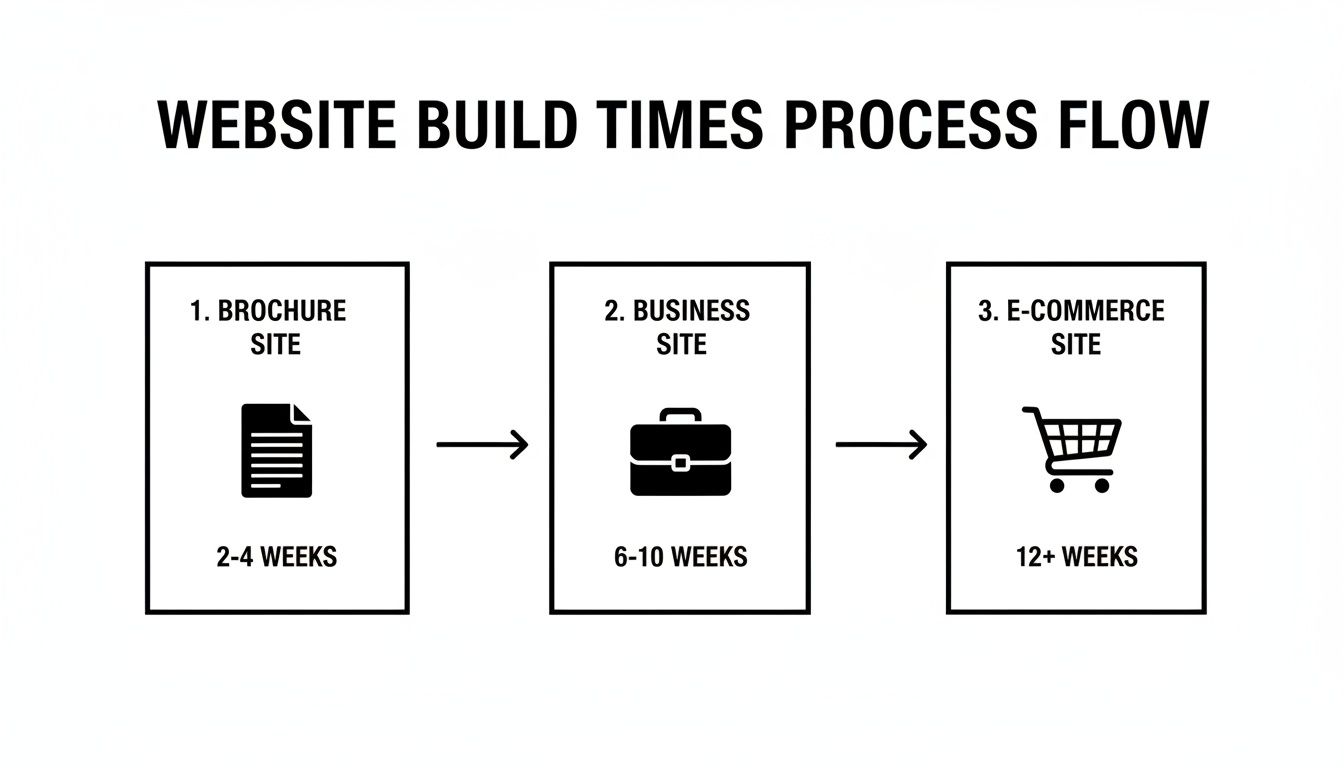 A process flow diagram illustrating website build times: Brochure (2-4 weeks), Business (6-10 weeks), and E-commerce (12+ weeks).