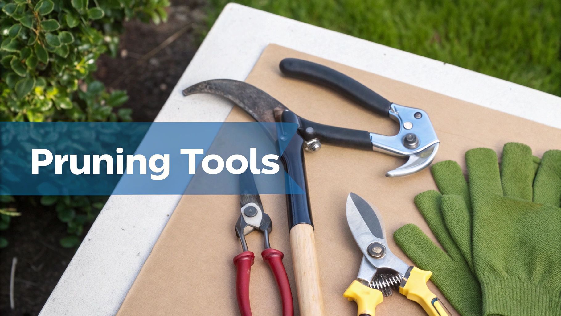 A collection of various pruning tools including loppers, secateurs, and gardening gloves.