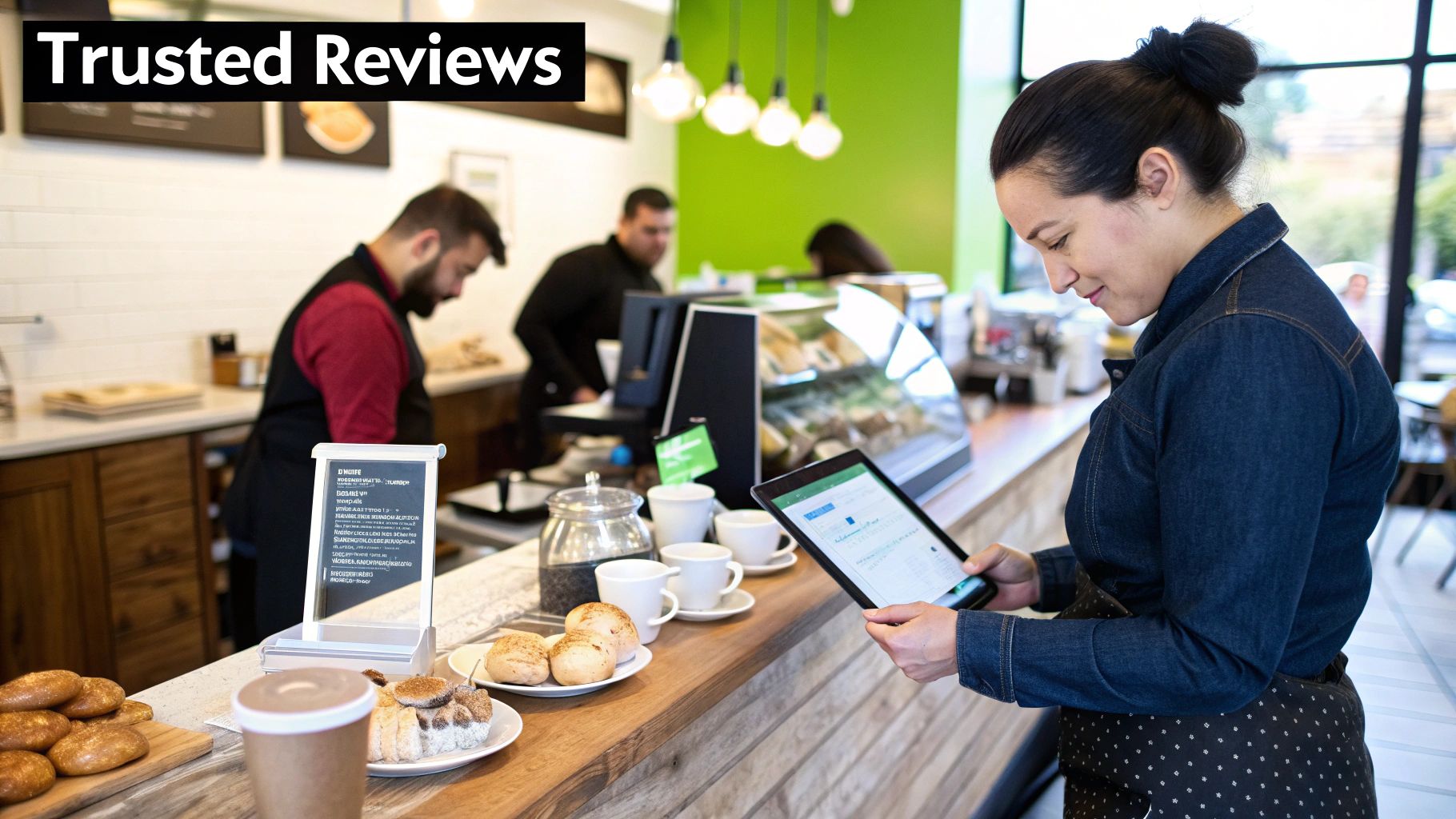 Woman in a cafe holding a tablet, smiling. Staff serve customers at the counter with pastries and coffee. Green wall, "Trusted Reviews" text.