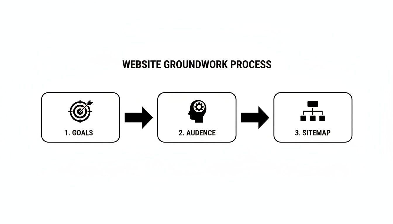 A flowchart showing the website groundwork process with steps: goals, audience, and sitemap.