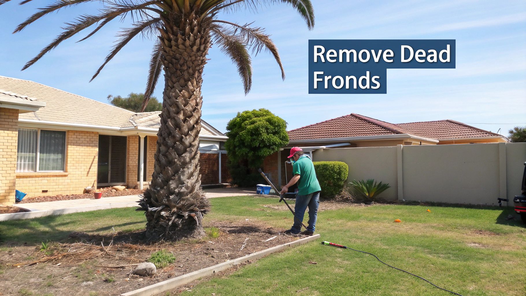 A person prunes dead fronds from a large palm tree in a sunny residential yard.