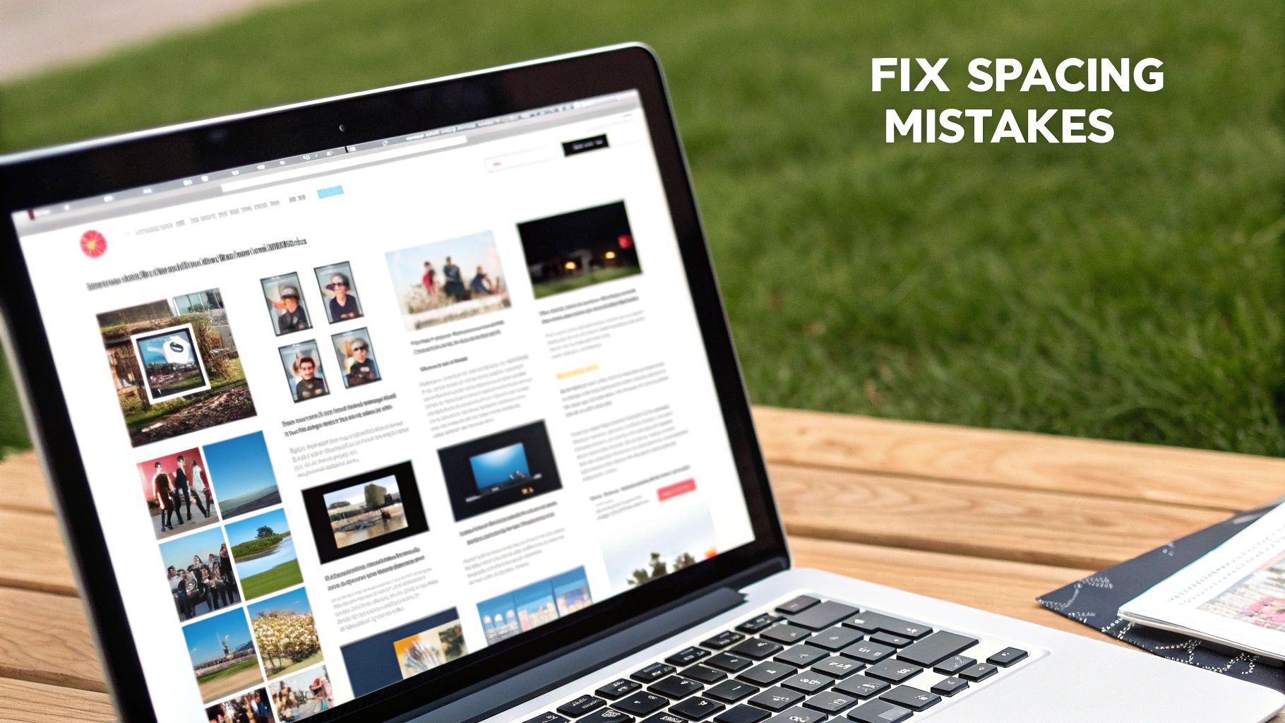A laptop on a wooden table displaying a website, with text 'FIX SPACING MISTAKES' implying design improvements.