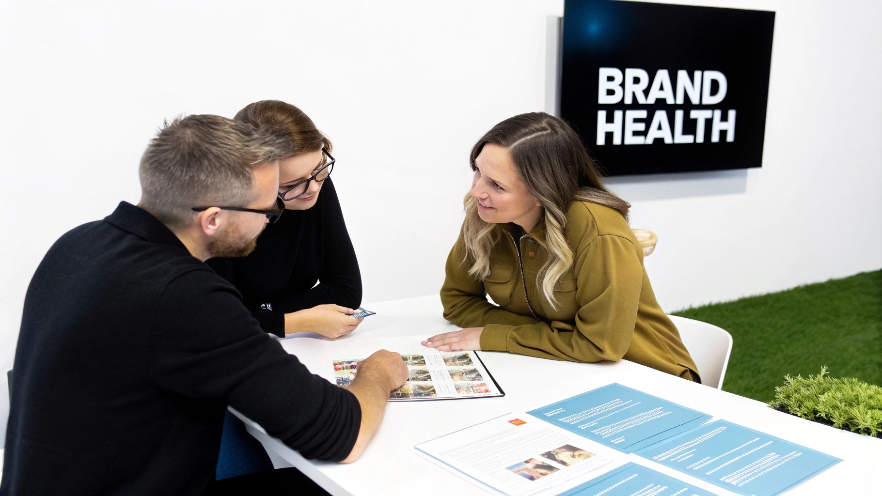 Three professionals discussing documents at a table, with a 'BRAND HEALTH' screen in the background.