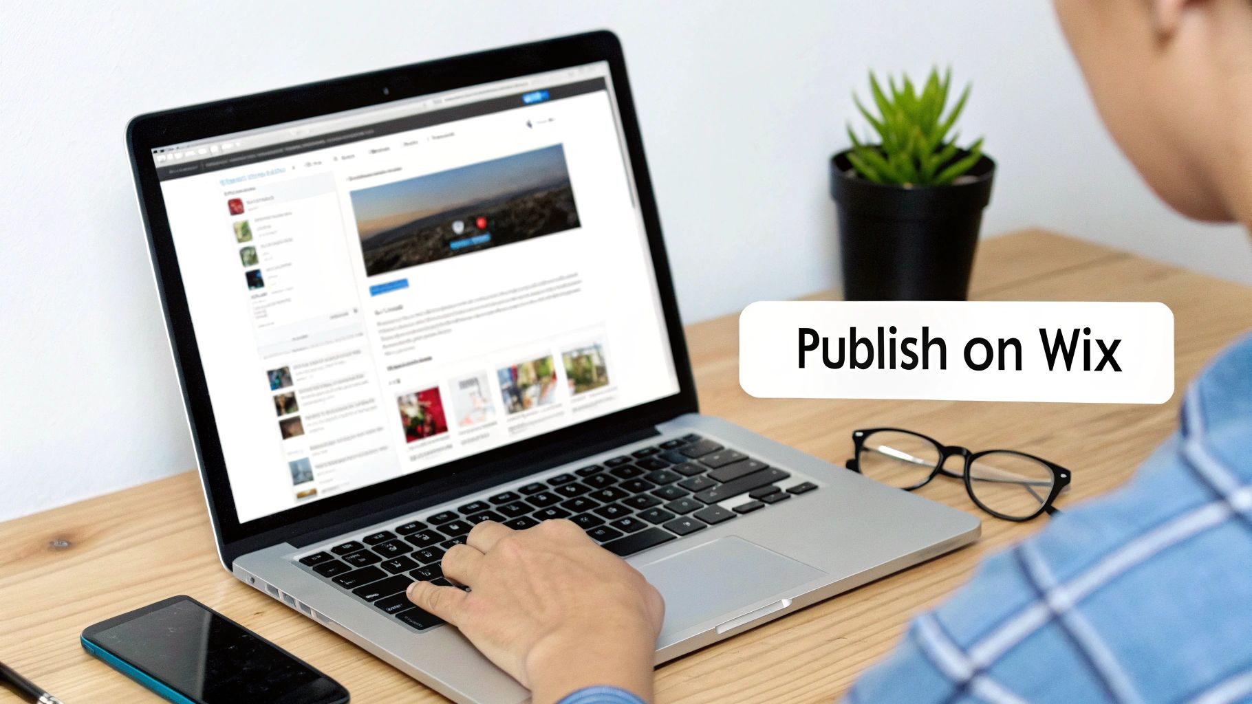 Person typing on a laptop with 'Publish on Wix' text overlay, creating website content.