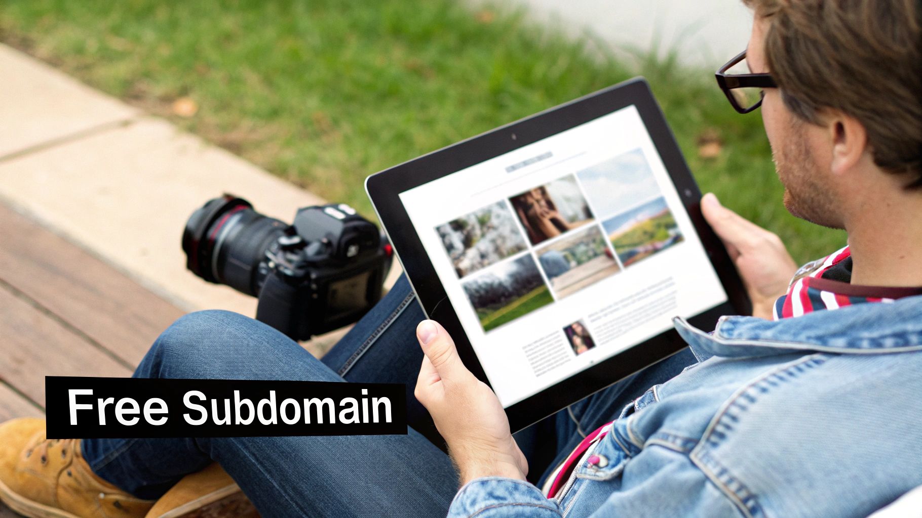 A freelance photographer editing her online portfolio on a laptop, built using a website builder&#39;s free subdomain.