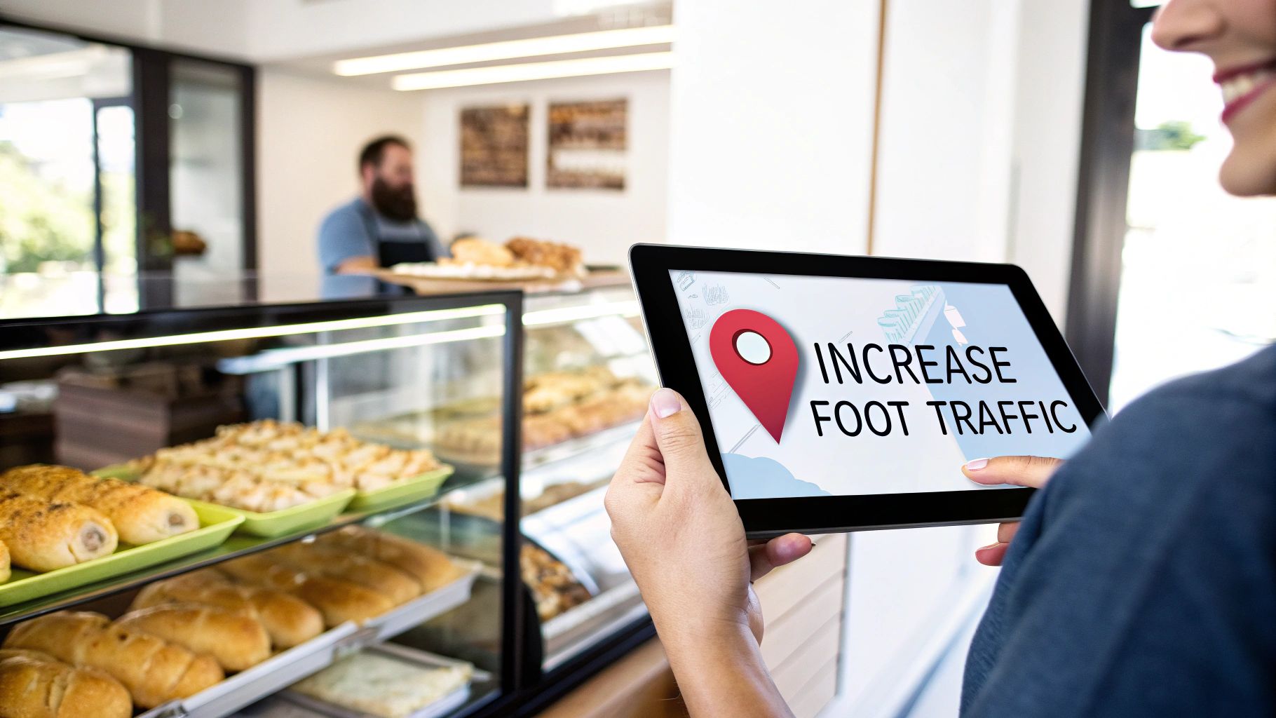 A person in a bakery holds a tablet displaying 'Increase Foot Traffic' with a map pin icon.