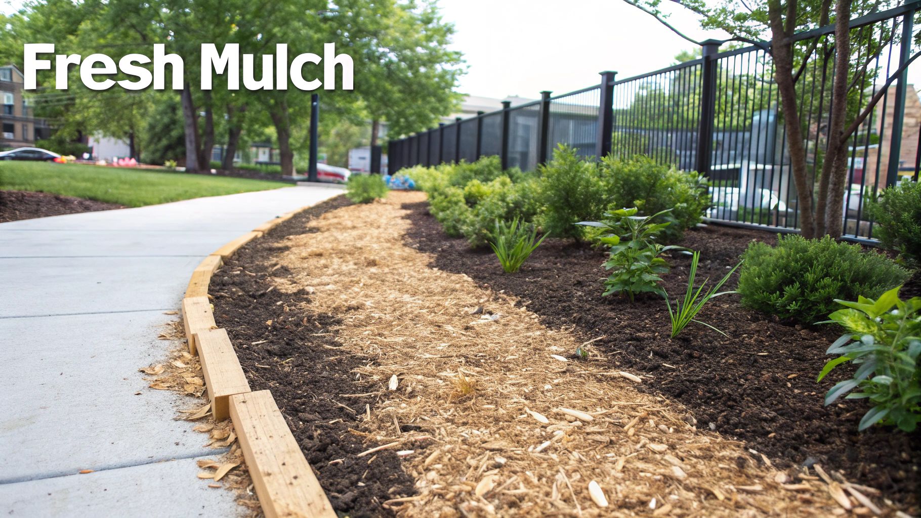 A newly mulched garden bed with wood chips and plants next to a curved concrete path.