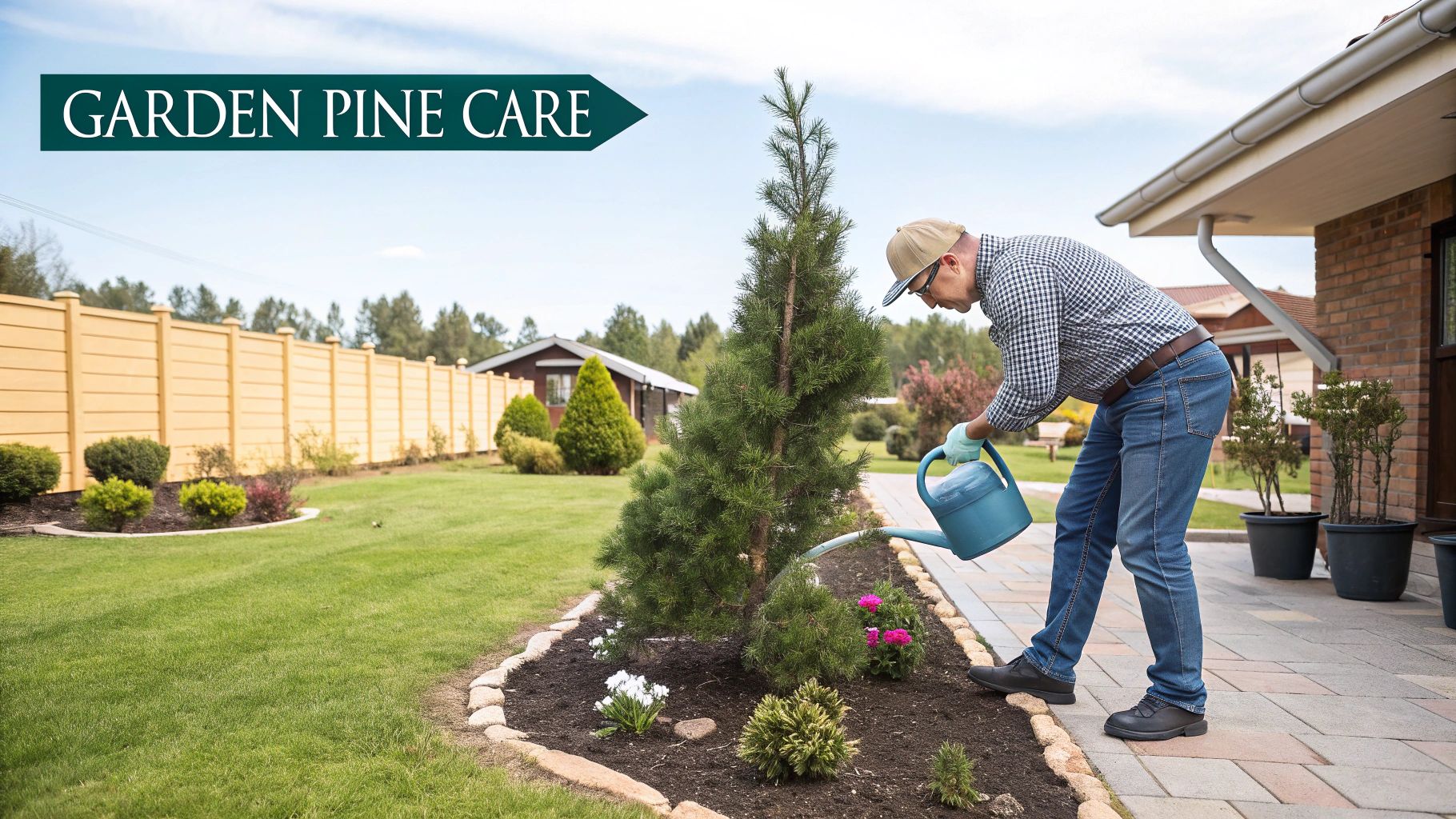 Man in jeans and cap waters small pine tree with blue can in garden. Brick house, yellow fence, and "Garden Pine Care" sign in view.