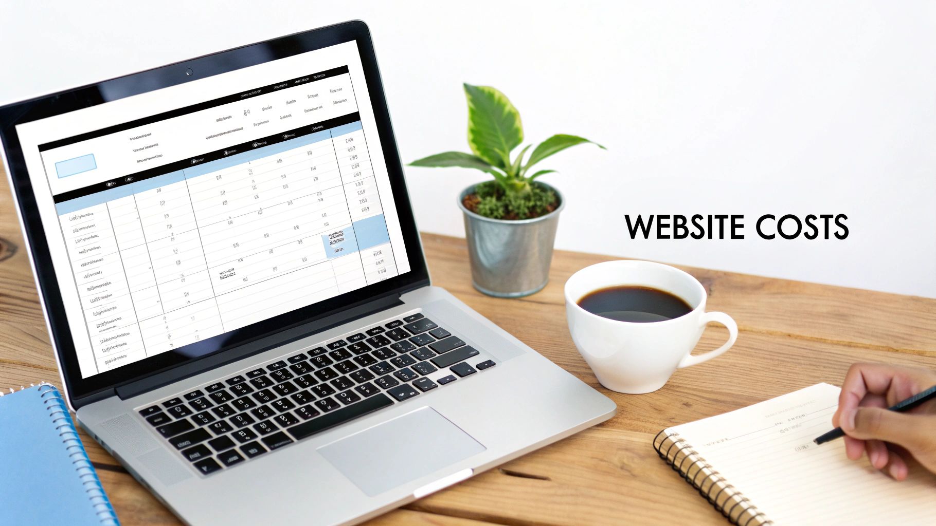 Laptop displaying website costs data, with coffee, plant, and a person writing in a notebook.