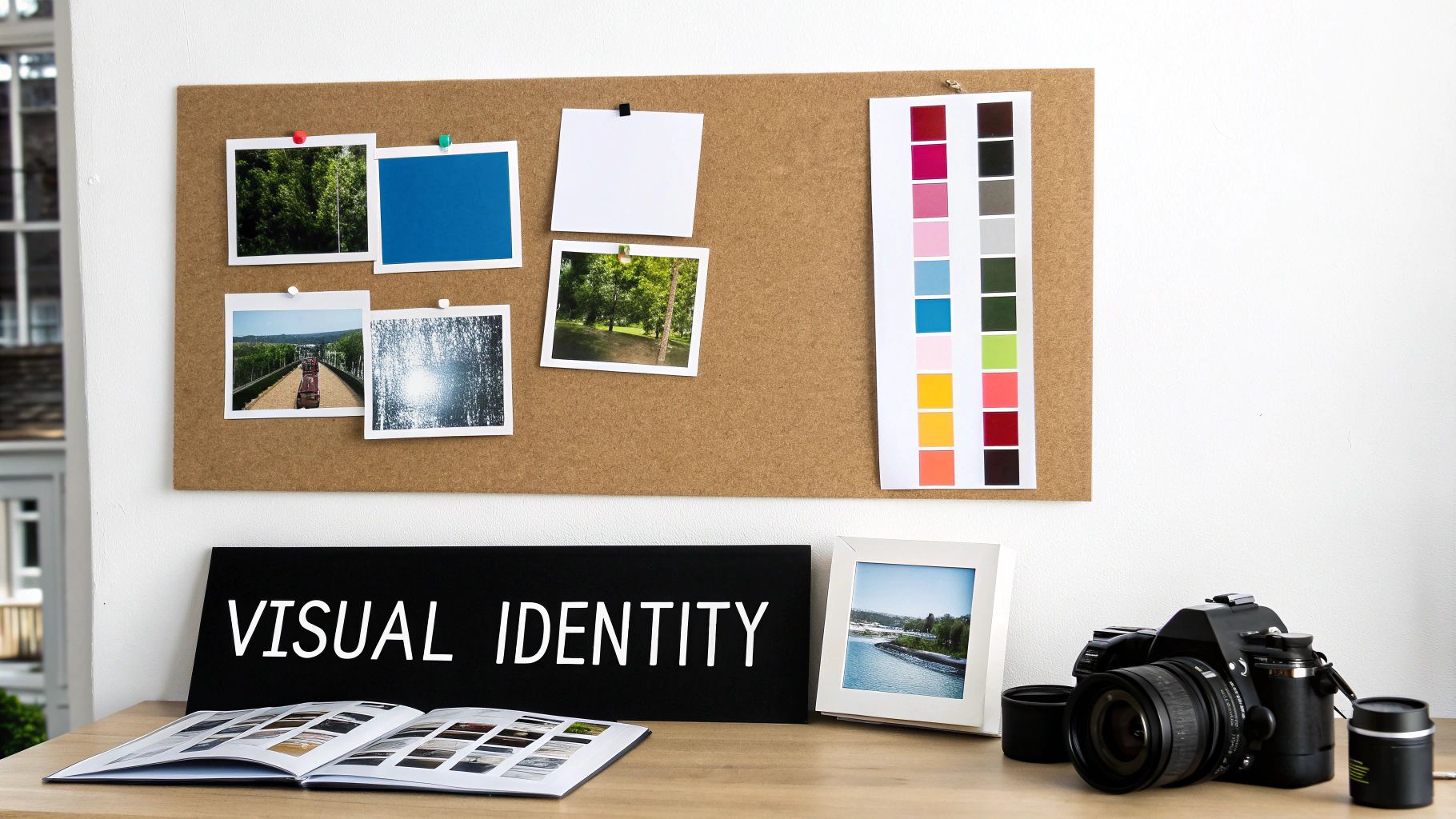 A creative desk setup with a cork board displaying photos and color swatches, beside a 'VISUAL IDENTITY' sign and camera.